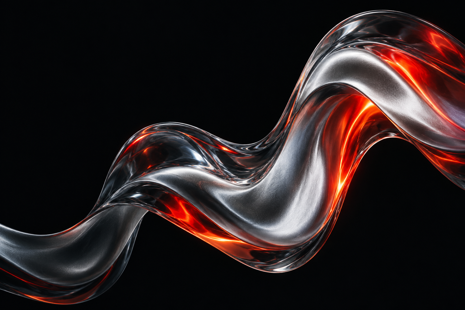 Abstract silver and vermilion ribbon flowing across a dark background.